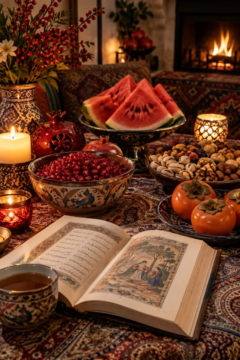 عکس یلدا: سفره شب یلدا با انار، هندوانه، شمع و دیوان حافظ، ساختهشده با هوش مصنوعی