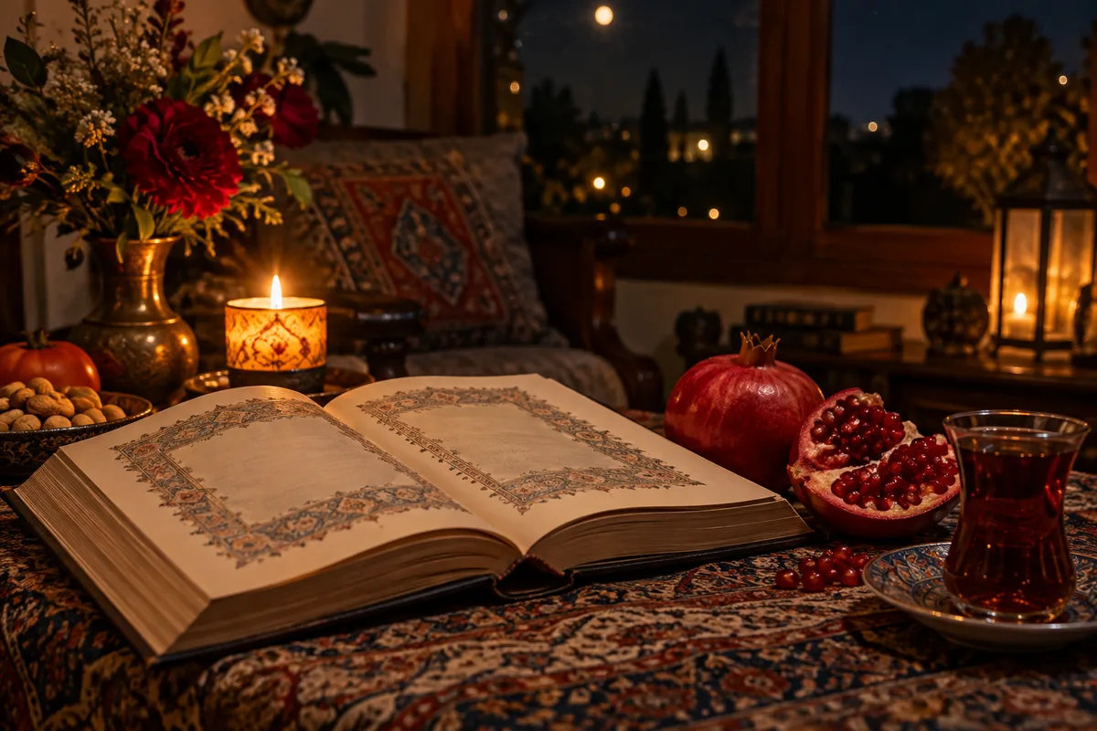 فال حافظ شب یلدا: دیوان حافظ باز کنار انار، چای و شمع