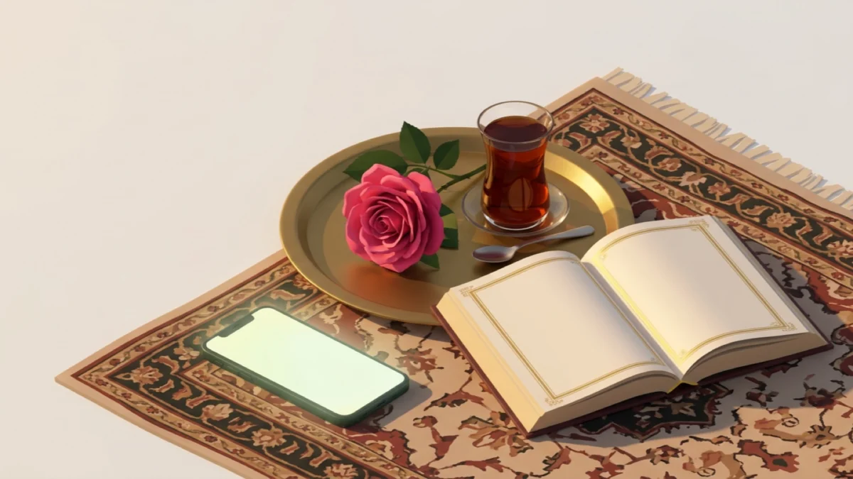 دیوان حافظ باز روی فرش ایرانی کنار گوشی، استکان چای و شاخهٔ گل محمدی در نور گرم عصر؛ تصویری برای معنی غزل حافظ