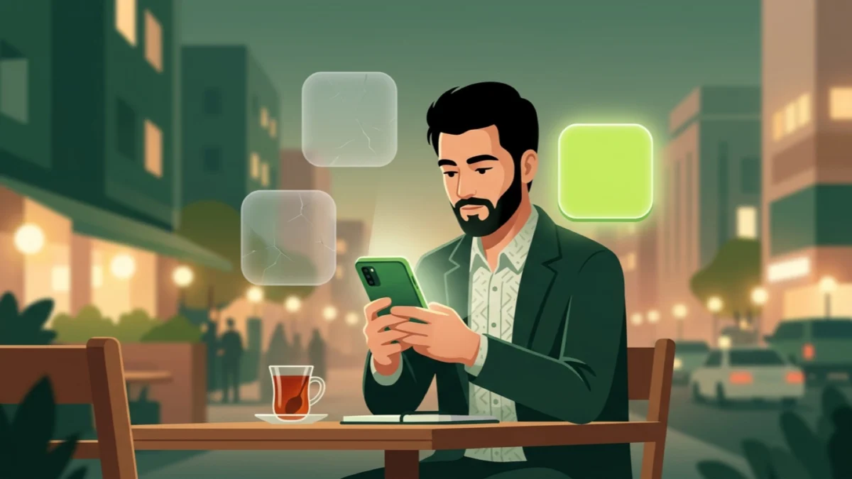 مردی جوان پشت میز کافه‌ای در شب، گوشی اندرویدی را در دست گرفته و با دقت به صفحه نگاه می‌کند؛ کنارش دو کاشی شفاف ترک‌خورده و یک کاشی سبز روشن و سالم شناور است
