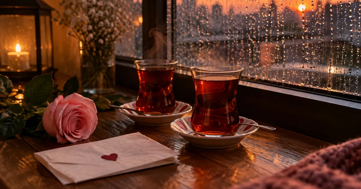 دو استکان چای کنار پنجره بارانی، گل رز و یادداشت عاشقانه