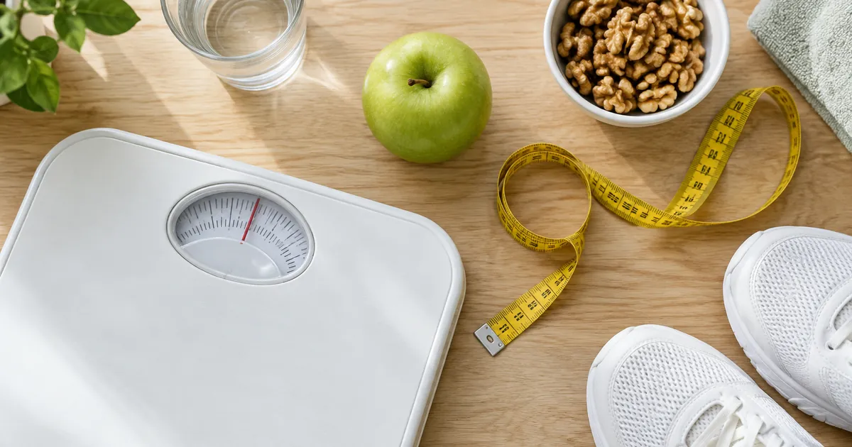 محاسبه bmi؛ ترازو، متر خیاطی، سیب و لیوان آب روی میز