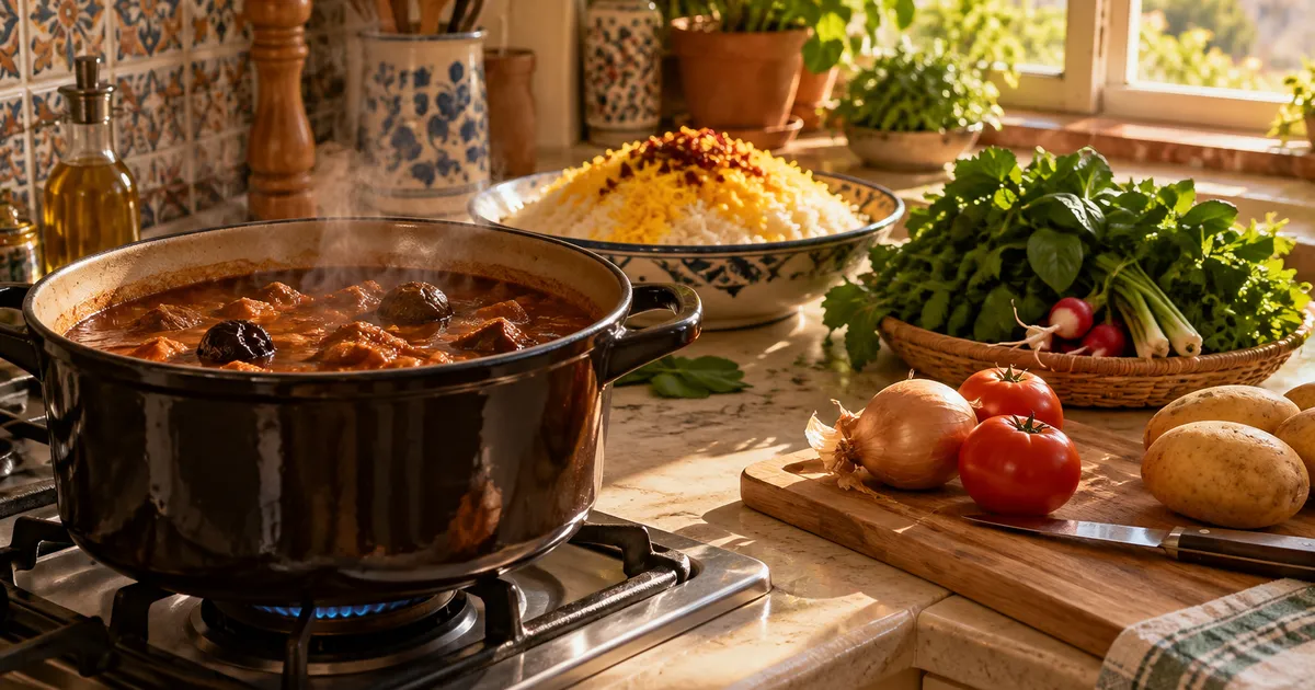 ناهار چی درست کنم؛ قابلمه خورش، برنج زعفرانی و سبزی روی پیشخوان آشپزخانه