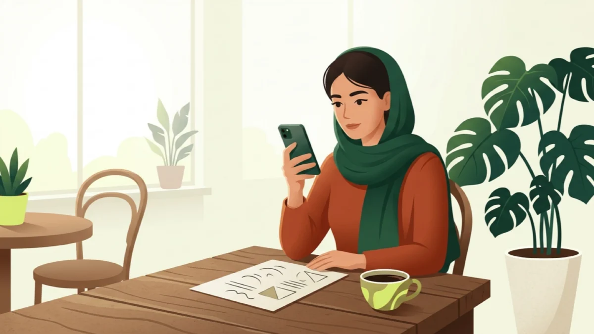 زنی جوان در یک کافه با گوشیاش از یک منوی کاغذی عکس میگیرد