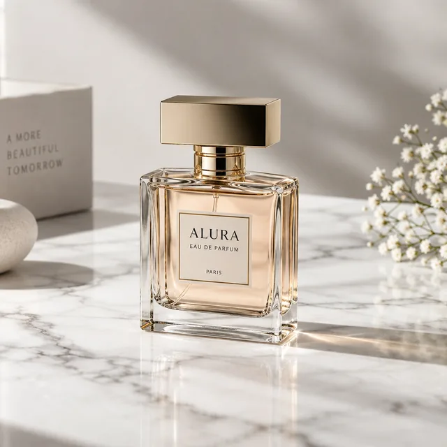 عکس محصول شیشه عطر روی سنگ مرمر، ساختهشده با هوش مصنوعی در باهوش