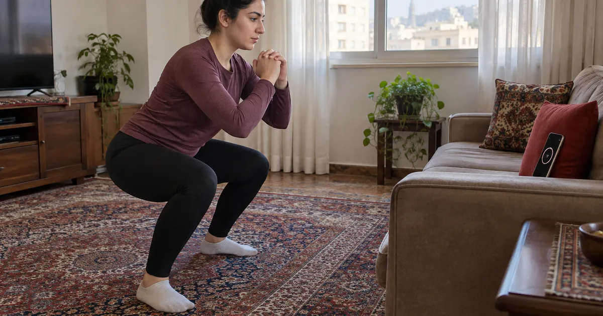 ورزش در خانه بدون وسیله؛ اسکوات در پذیرایی کنار فرش و مبل